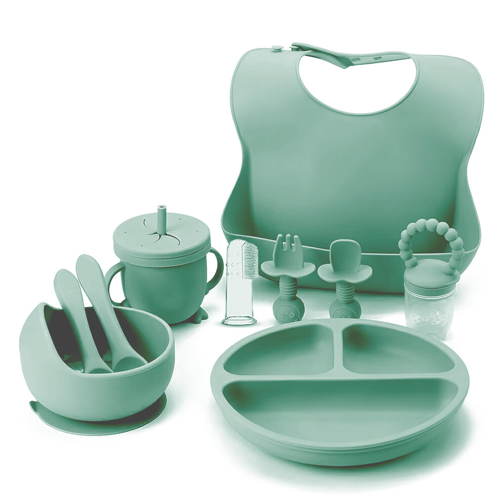 Baby Weaning Set - 11 Pcs Silicone Baby Feeding Set With Suction Plate, Weaning Kit With Adjustable Bib, Fork, Spoon, Fruit Feeder & Indique