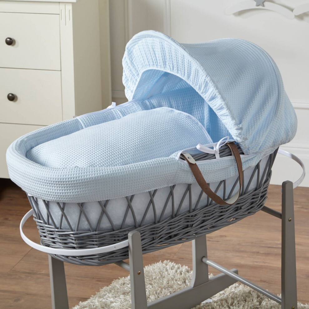 Waffle Wicker Baby Moses Basket With Mattress Blue/Grey For Your Little One