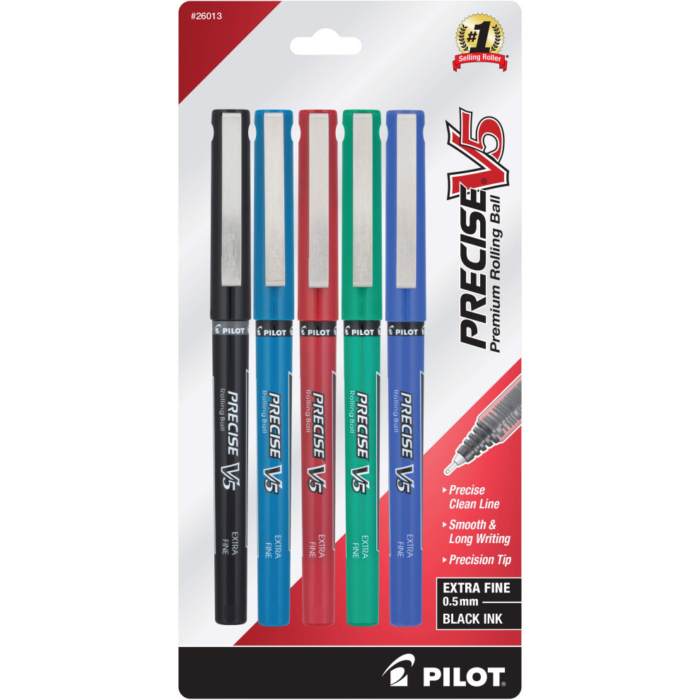 PILOT Precise V5 Stick Liquid Ink Rolling Ball Stick Pens  Extra Fine Point (0.5mm) Black/Blue/Red/Green/Purple Inks  5-Pack (26013)