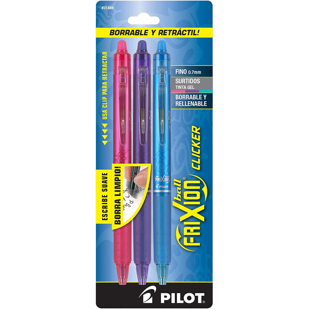 PILOT FriXion Clicker Erasable  Refillable & Retractable Gel Ink Pens  Fine Point  Pink/Purple/Turquoise Inks  3-Pack (31469)