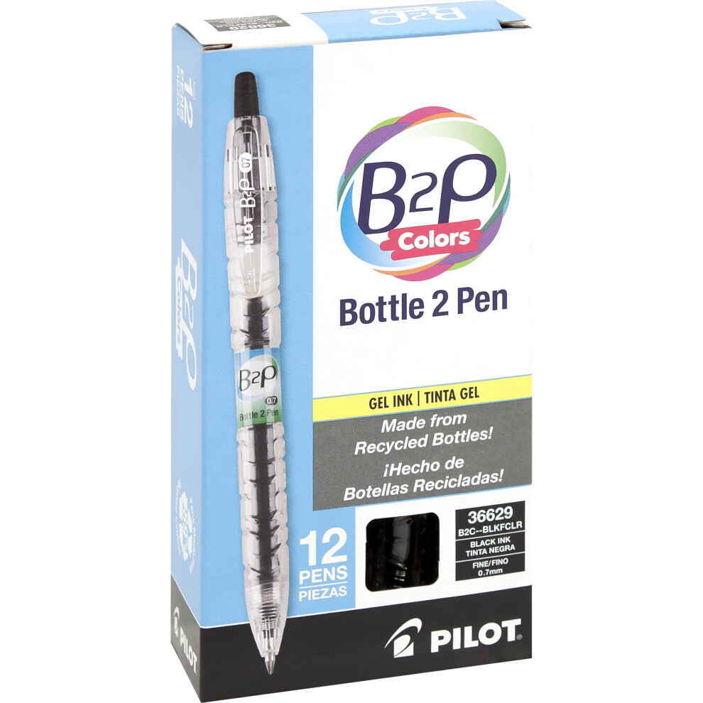 PILOT B2P Colors - Bottle to Pen Refillable & Retractable Rolling Ball Gel Pen Made From Recycled Bottles  Fine Point  Black G2 Ink/Clear Barrel  12-P