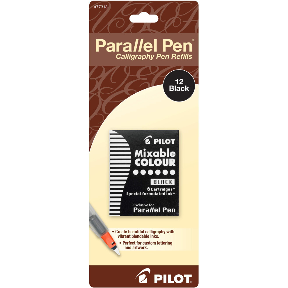 Pilot Parallel Mixable Color Ink Refills for Calligraphy Pens  Black Ink  12-Pack (77313)