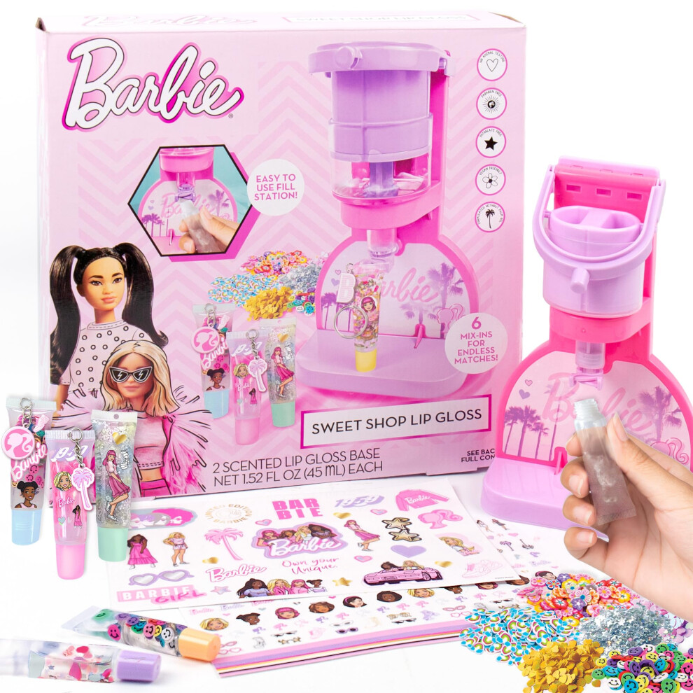 Barbie Sweet Shop Lip Gloss Making Kit  Makes 12 Accessories  Lip Glosses & Keychains  Arts and Crafts kit for Kids Ages 6+  Gifts for 6 Year Old Girl