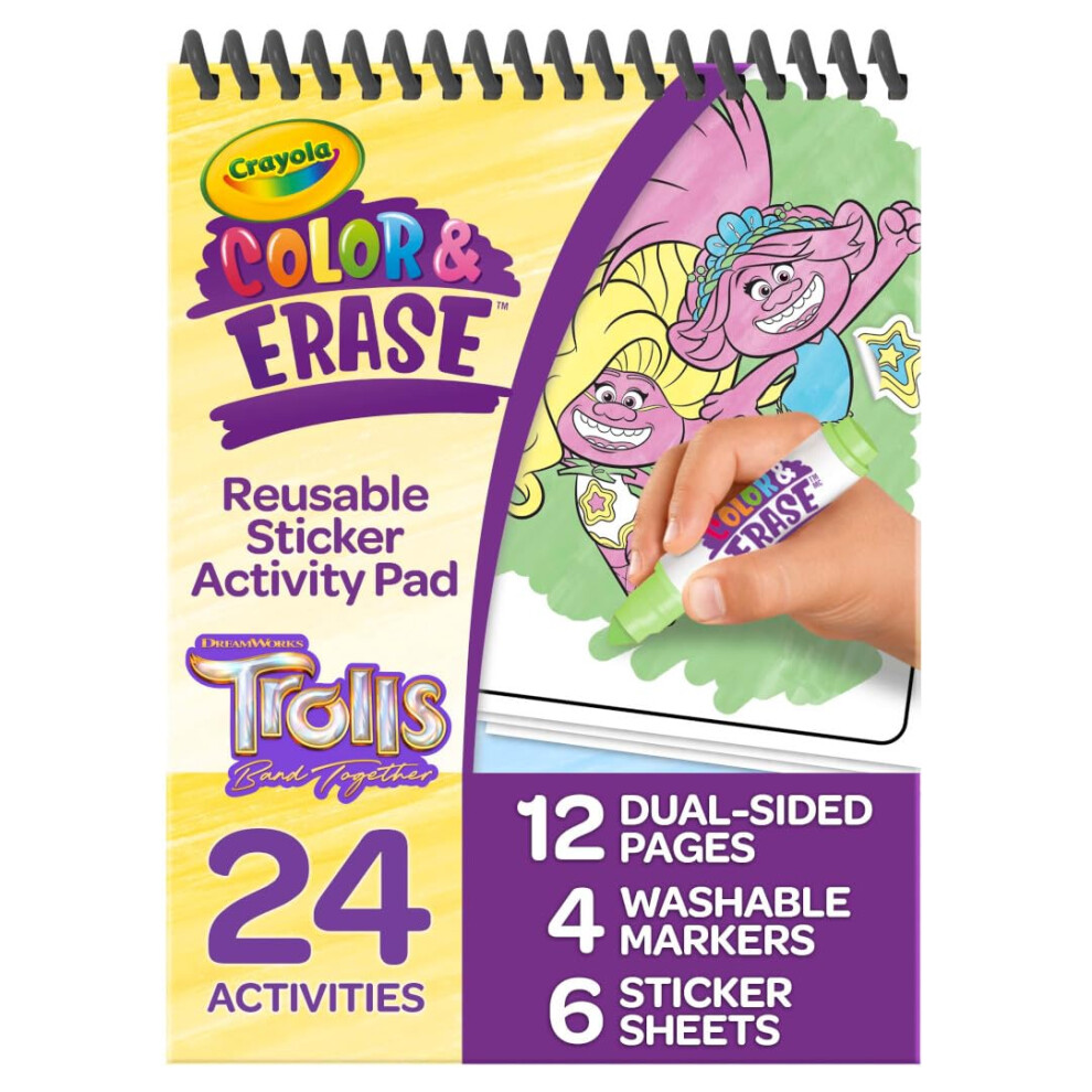 Crayola Trolls Color & Erase Sticker Activity Pad 12 Reusable Trolls Coloring Pages & 100 Stickers Gift