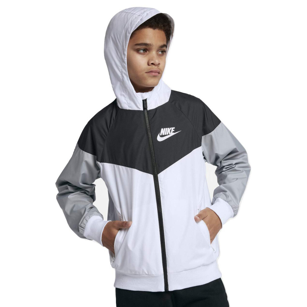 Nike Boy's Sportswear Windrunner Jacket (Little Kids/Big Kids) White/Black/Wolf Grey/White MD (10-12 Big Kid)