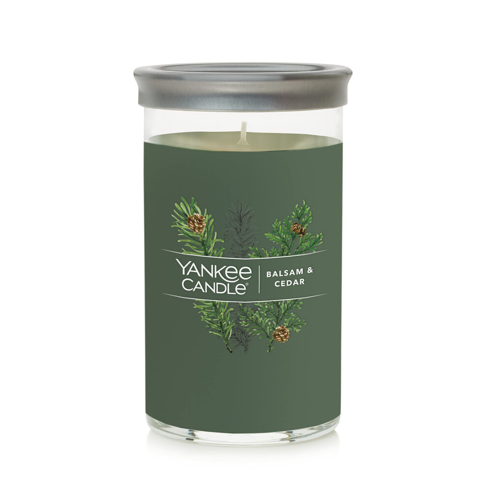Yankee Candle Balsam & Cedar Signature Medium Pillar Candle - 14.25Oz. Green - Christmas | Holiday Candle Soy Wax Blend Metal Lid Coaster - Home &