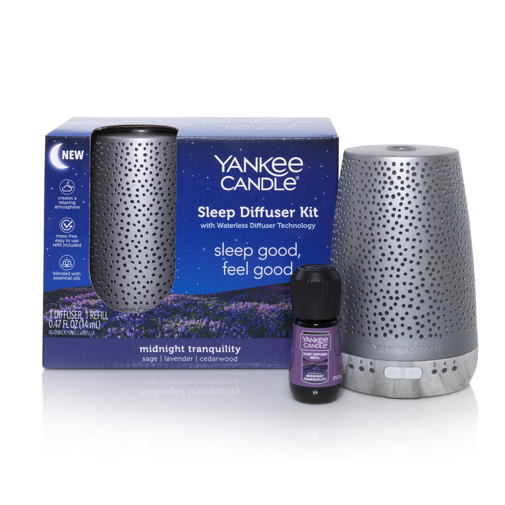 Yankee Candle Sleep Diffuser Kit | Silver  Includes Diffuser for Essential Oils and Midnight Tranquility Oil Refill  Up to 30 Nights of Relaxing Fragr