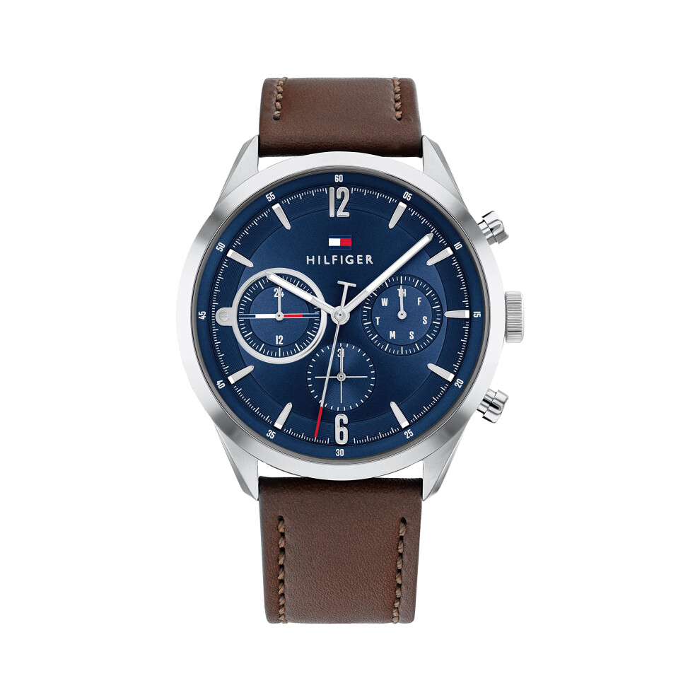 Montre     quartz Tommy Hilfiger pour homme en acier inoxydable avec bracelet en cuir, marron fonc   , 22 (mod   le   : 1791940)
