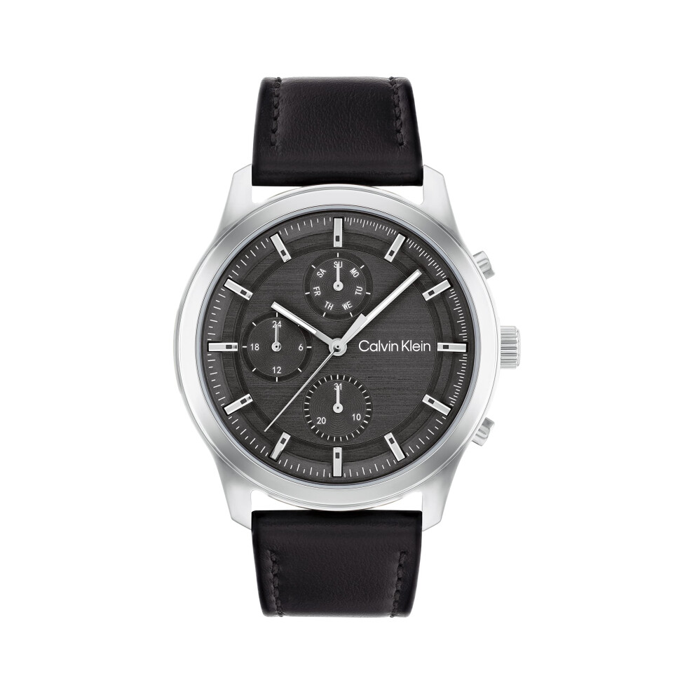 Calvin Klein Men'sQuartz Stainless Steel Case and Leather Strap Watch  Color: Black (Model: 25200211)