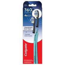 Colgate 360 Floss Tip Replaceable Head Toothbrush Starter Kit 2 Brush Heads and Metal Handle
