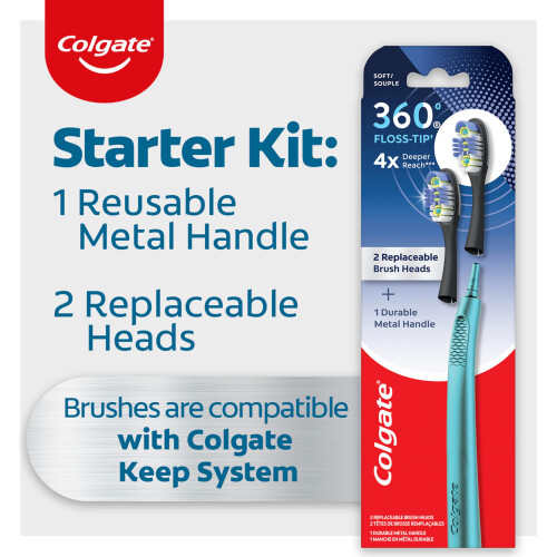 Colgate Colgate 360 Floss Tip Replaceable Head Toothbrush Starter Kit  2 Brush Heads and Metal Handle 2