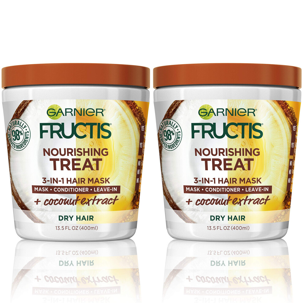 Garnier Fructis Nourishing Treat 3-in-1 Hair Mask (Mask + Conditioner + Leave-In) with Coconut for Dry Hair  13.5 Fl Oz  2 Count (Packaging May Vary)
