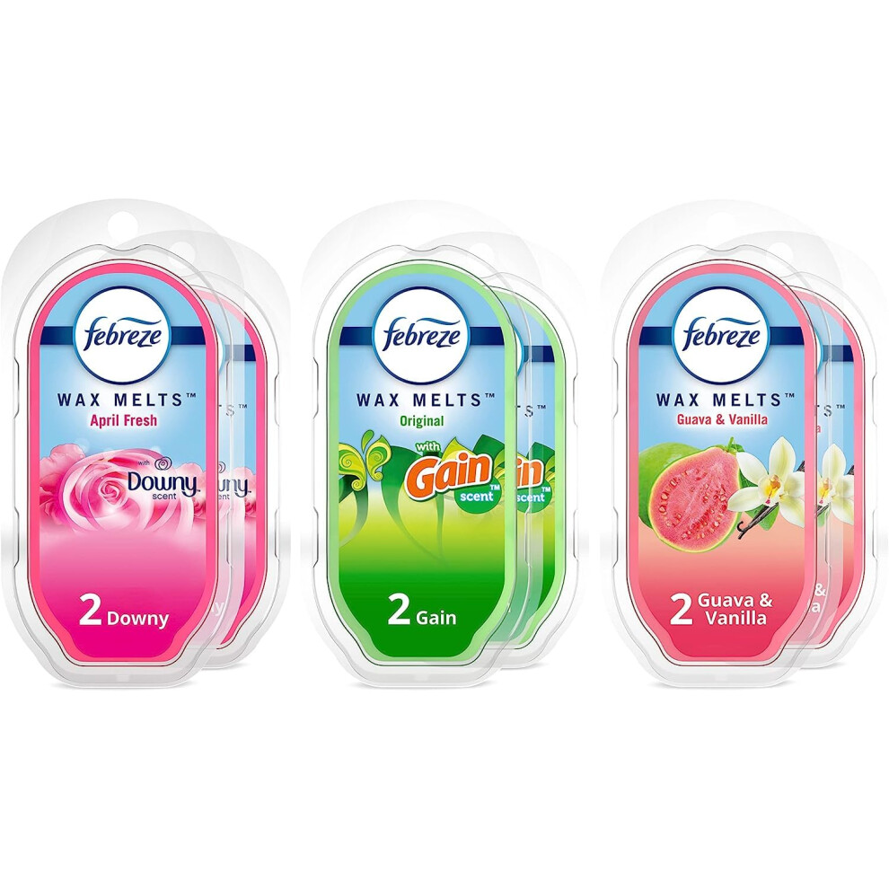 Febreze Wax Melts Wax Warmer Cubes  2.5 oz. Pack of 6  Guava & Vanilla  Downy April Fresh  Gain Original Scent  (6 Cubes Each)  Odor-Fighting Scented