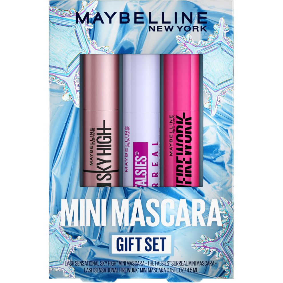 Maybelline Mascara Makeup Gift Set  Includes 3 Mini Mascara Formulas  Mini Sky High Mascara  Mini Surreal Mascara and Mini Firework Mascara  Very Blac