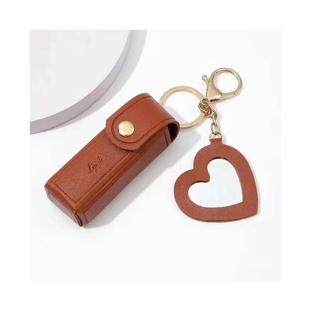 (Brown) Portable Leather Lipstick Bag Makeup Pouch Lip Balm Bag Keychain Holder Lipsticks Protective Cover With Mirror