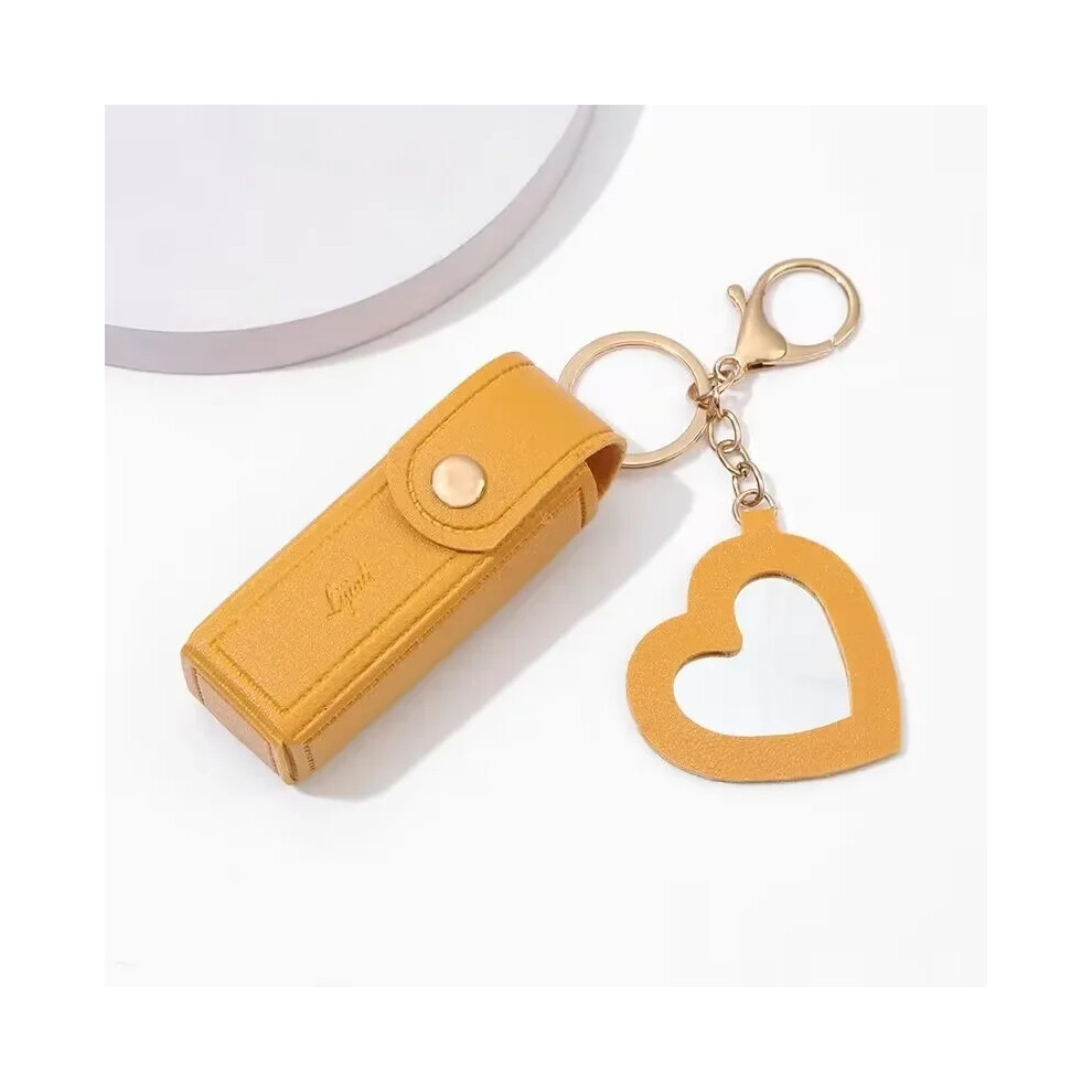(Yellow) Portable Leather Lipstick Bag Makeup Pouch Lip Balm Bag Keychain Holder Lipsticks Protective Cover With Mirror
