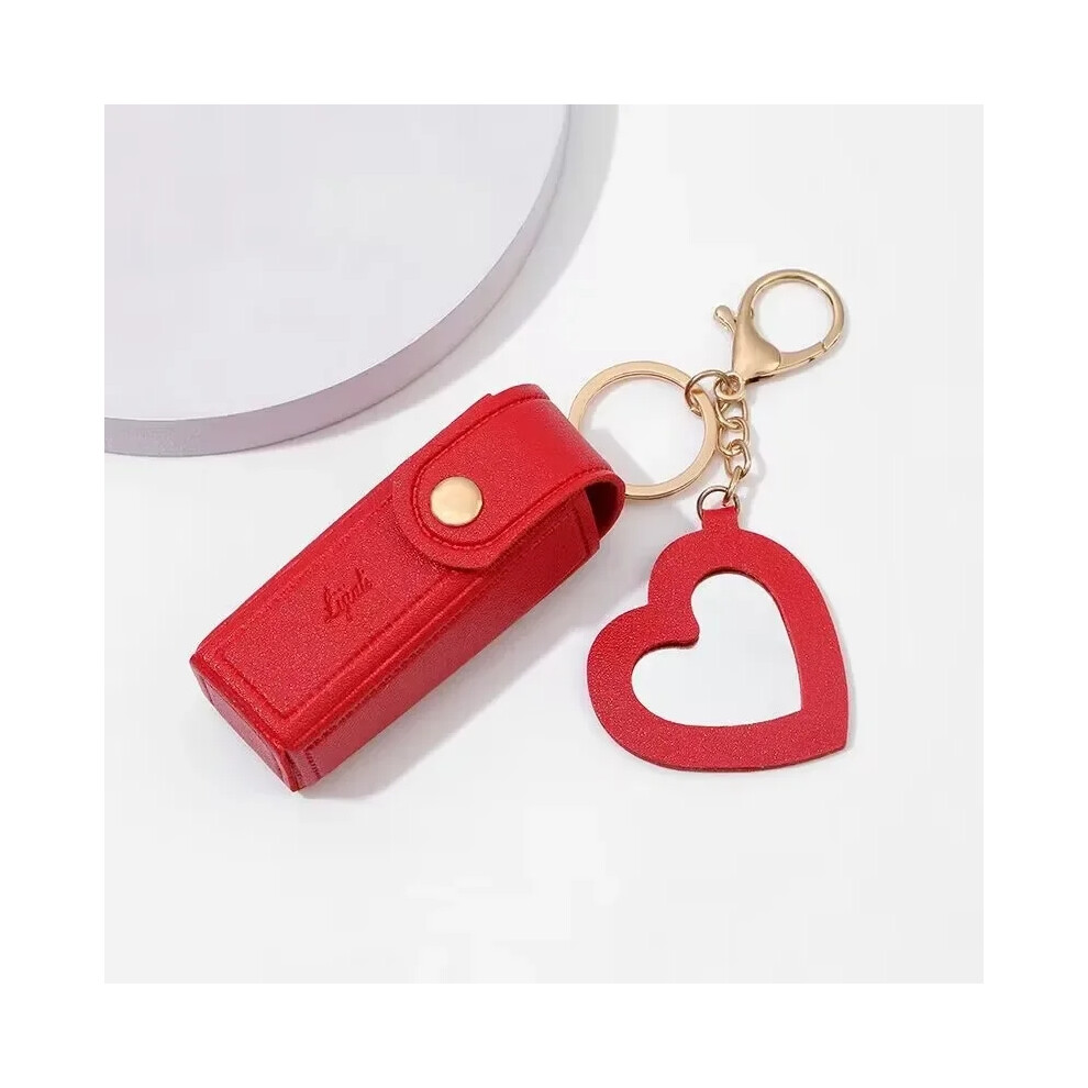 (Red) Portable Leather Lipstick Bag Makeup Pouch Lip Balm Bag Keychain Holder Lipsticks Protective Cover With Mirror