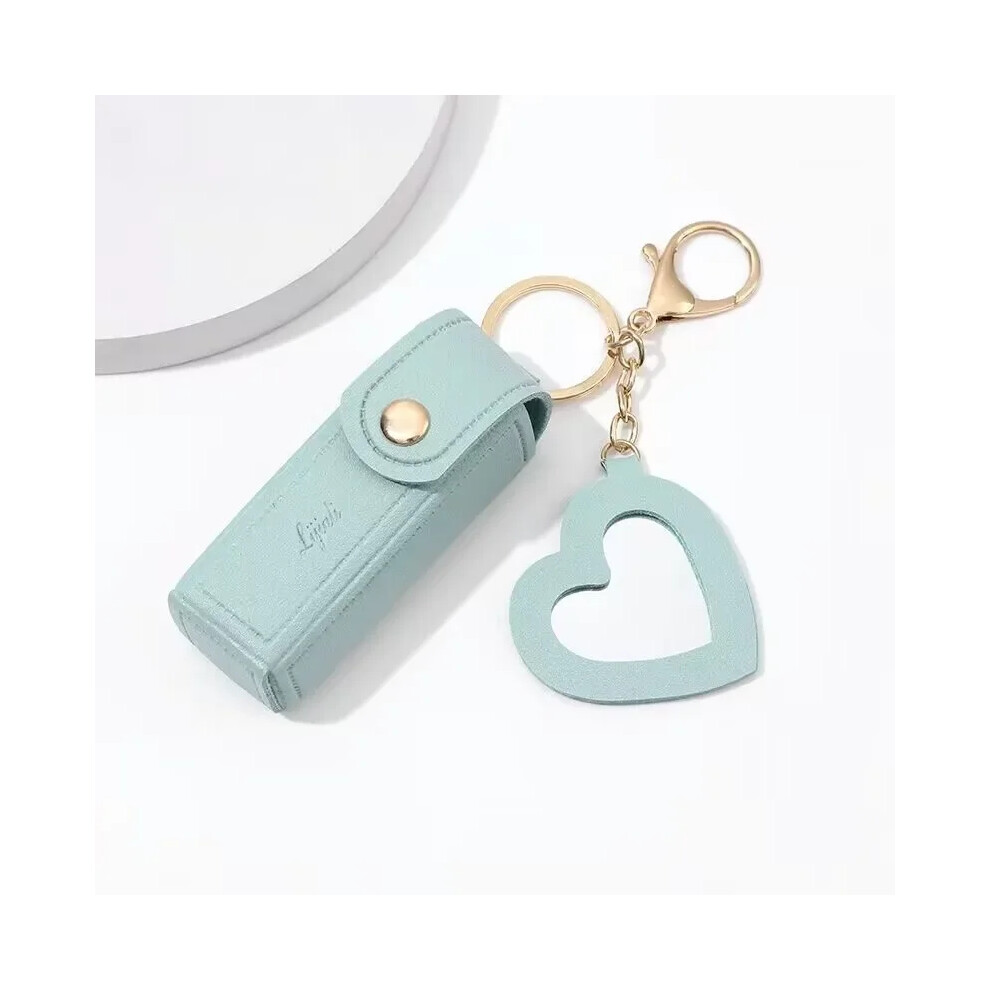 (Green) Portable Leather Lipstick Bag Makeup Pouch Lip Balm Bag Keychain Holder Lipsticks Protective Cover With Mirror