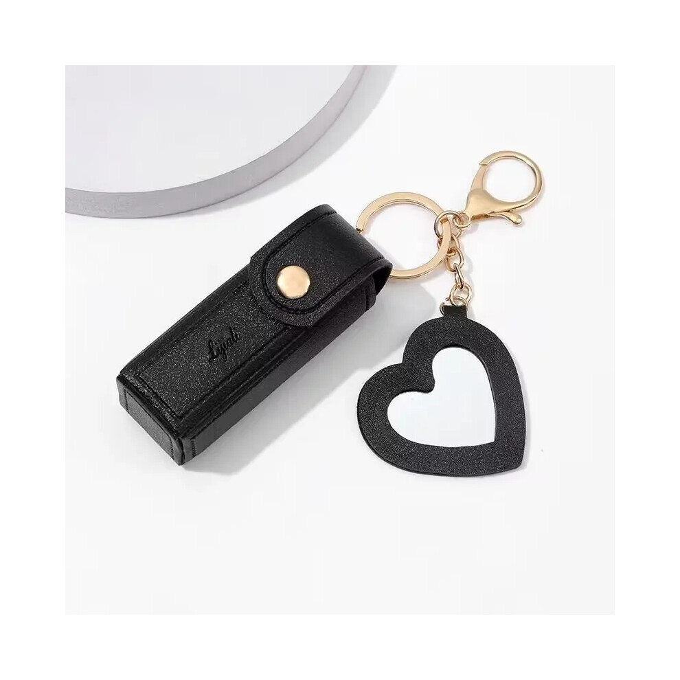 (Black) Portable Leather Lipstick Bag Makeup Pouch Lip Balm Bag Keychain Holder Lipsticks Protective Cover With Mirror