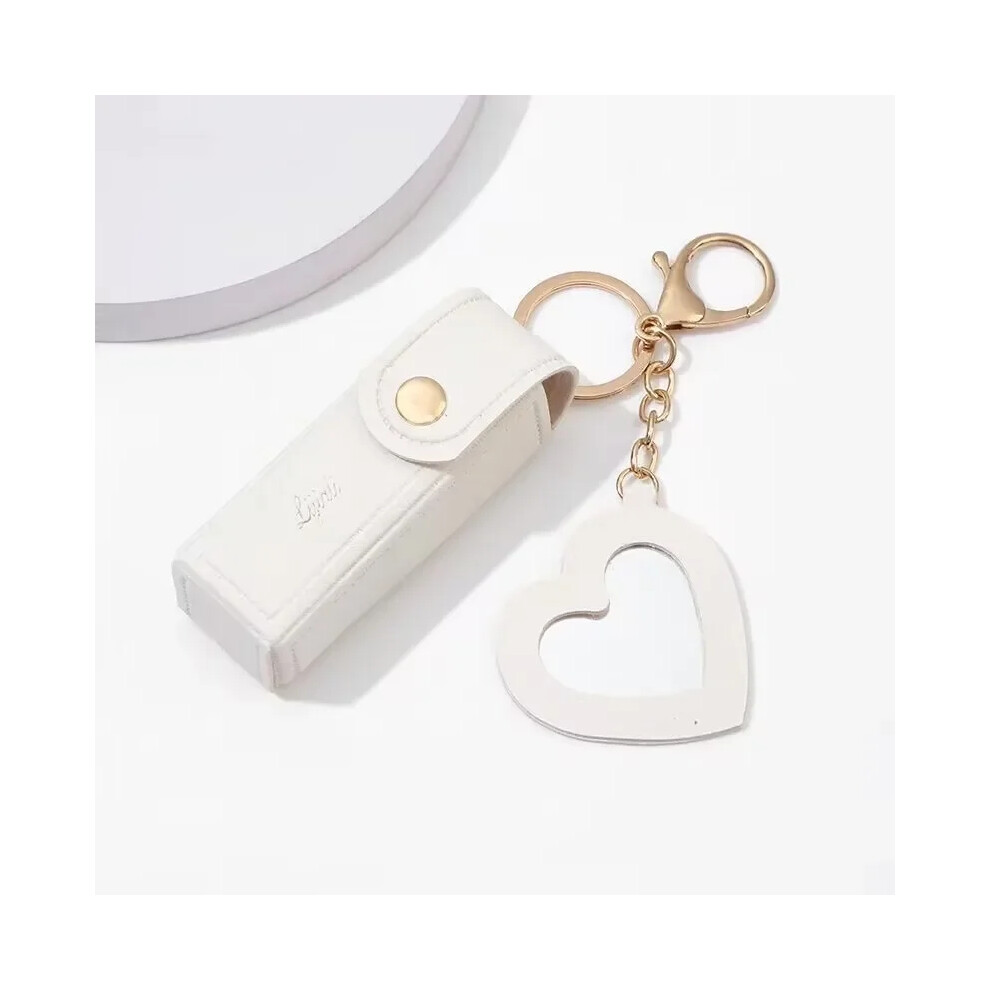 (White) Portable Leather Lipstick Bag Makeup Pouch Lip Balm Bag Keychain Holder Lipsticks Protective Cover With Mirror