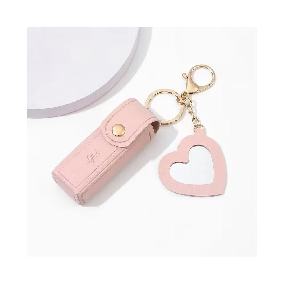 (Pink) Portable Leather Lipstick Bag Makeup Pouch Lip Balm Bag Keychain Holder Lipsticks Protective Cover With Mirror