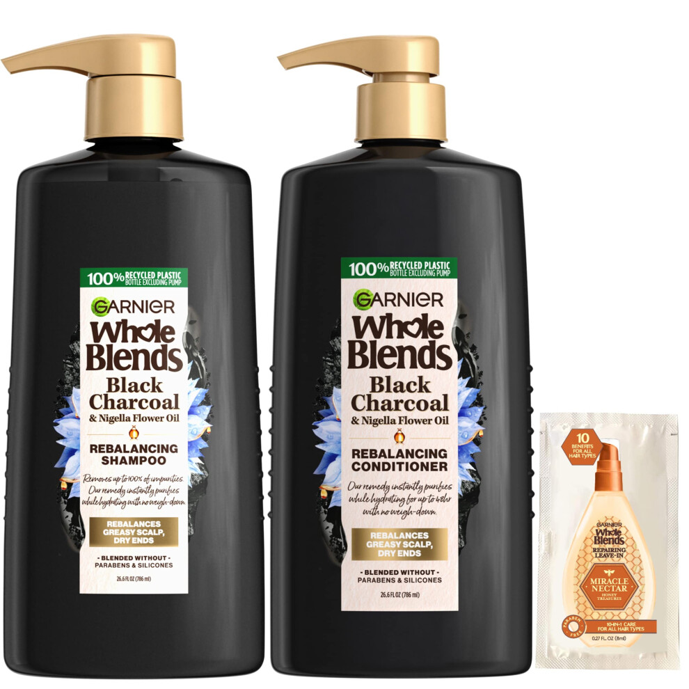 Garnier Whole Blends Black Charcoal & Nigella Flower Oil Rebalancing Shampoo and Conditioner Set for Greasy Scalp & Dry Ends with Sample  26.6 Fl Oz