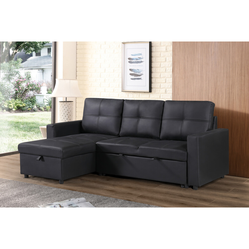 (Left Hand Facing Corner Black) Newport Leather L Shaped Corner Sofa-Bed