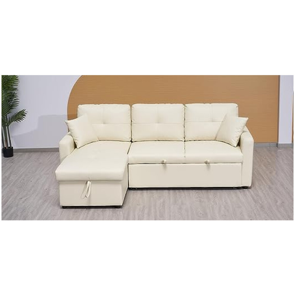 (Left Hand Facing Corner Cream) Newport Leather L Shaped Corner Sofa-Bed
