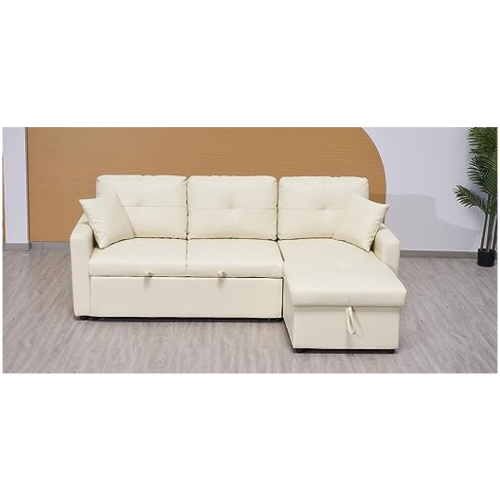 (Right Hand Facing Corner Cream) Newport Leather L Shaped Corner Sofa-Bed