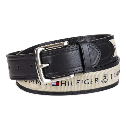 Tommy Hilfiger Ζώνη Tommy Hilfiger Ανδρική με Ράψιμο - Σχέδιο από Ύφασμα με Μονό Κουμπί, μαύρη/φυσική, 30 1