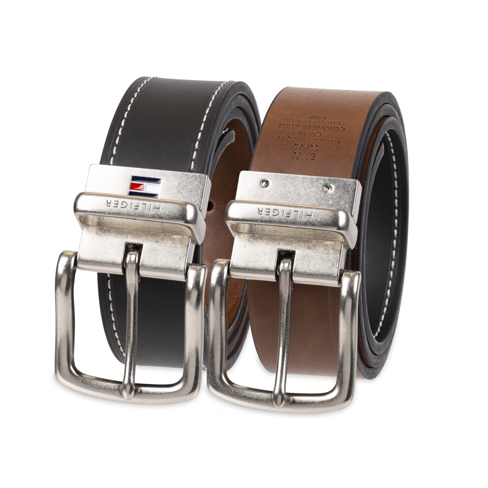 Tommy Hilfiger Men's Reversible Leather Belt - Casual for Mens Jeans with Double Sided Strap and Silver Buckle  Navy  36