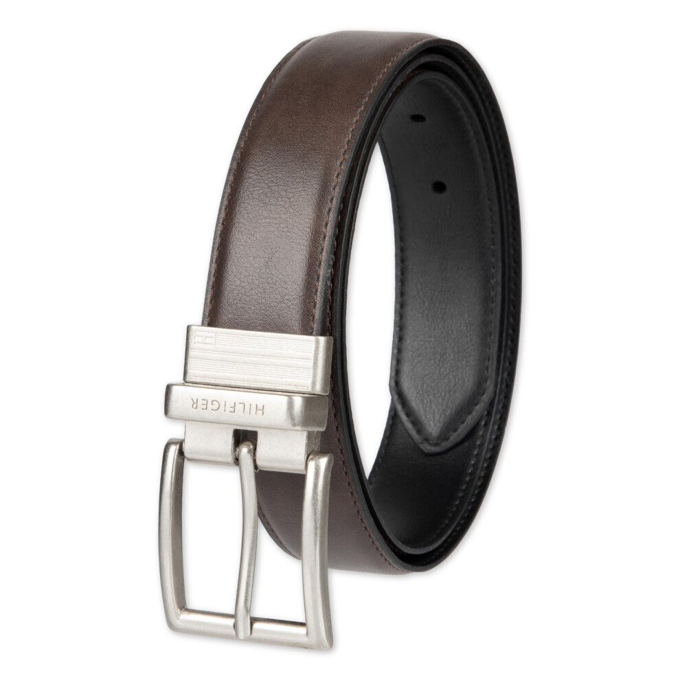 Tommy Hilfiger Men's Reversible Leather Belt - Casual for Mens Jeans with Double Sided Strap and Silver Buckle   brown/black  30