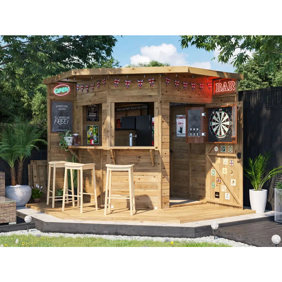 Dunster House Outdoor Bar Shed 2.4m x 2.4m Pressure Treated The Corner Hangover Garden Bar III Fully Loaded