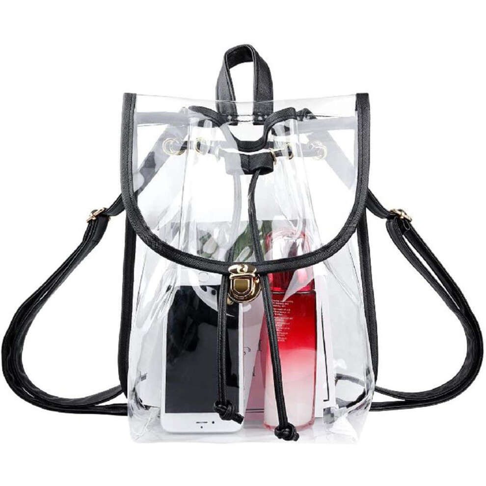 (Black) Clear Backpack For School - Bag For Concert | Unisex Water-Resistant Thick PVC Concert Sports Drawstring Backpacks For Women Men, Travel