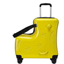 (Yellow) Kids Ride Luggage for Girls, 3-Digit Password Lock Kids Ride Luggage, 20in Trolley Case with Seat Belts, Handlebars, Pedals, Silent Wheels for Boys