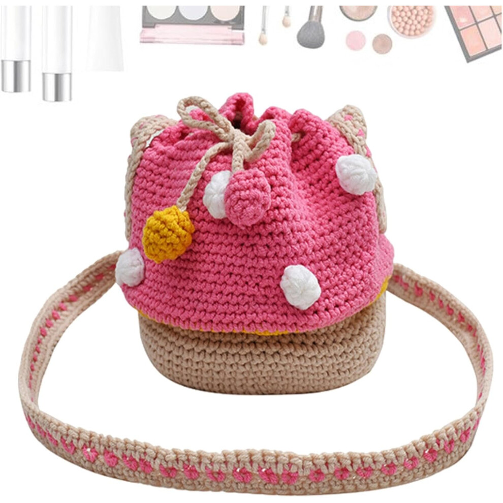 (Pink) Knitted Mushroom Bag - Messenger Bag - Female Casual Purse, Crochet Purse, Knitted Coin Purse, Multifunctional for Coin, Chargers