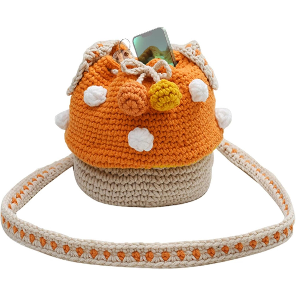(Orange1) Knitted Mushroom Bag - Messenger Bag - Female Casual Purse, Crochet Purse, Knitted Coin Purse, Multifunctional for Coin, Chargers