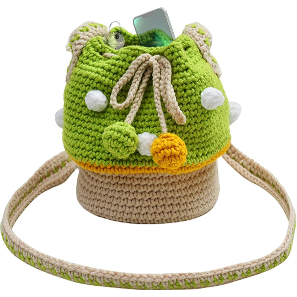 (Green) Knitted Mushroom Bag - Messenger Bag - Female Casual Purse, Crochet Purse, Knitted Coin Purse, Multifunctional for Coin, Chargers