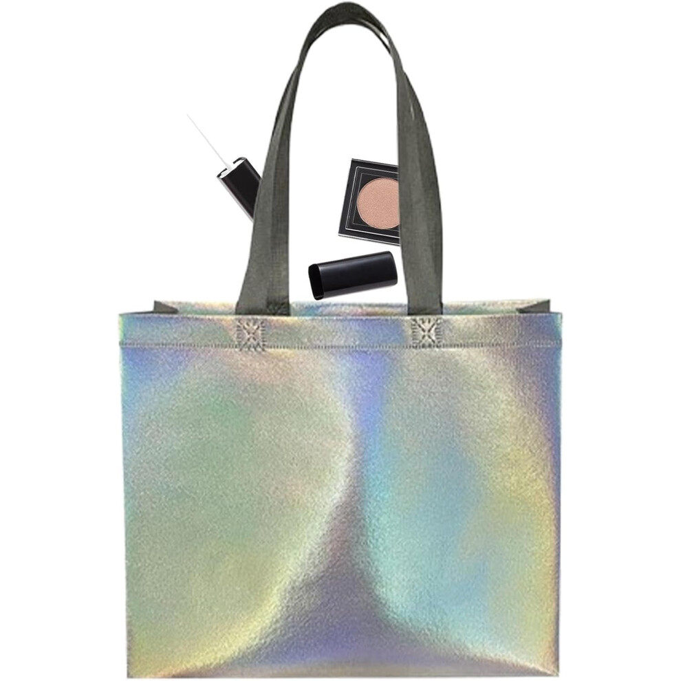 (Small) Holographic Shoulder Bag, Holographic Non-Woven Goodie Tote Bag, Waterproof Reusable Glossy Welcome Bags For Shopping, Parties, Travel