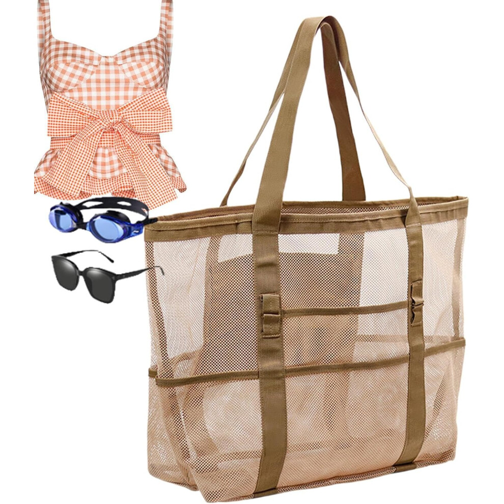 (Khaki) Mesh Pool Bag | Large Beach Tote Bag | Heavy Duty, Mesh Bag Toys Organizer, Sandproof Foldable Swimming Pool Travel Bags, Grocery Storage Net Bag,