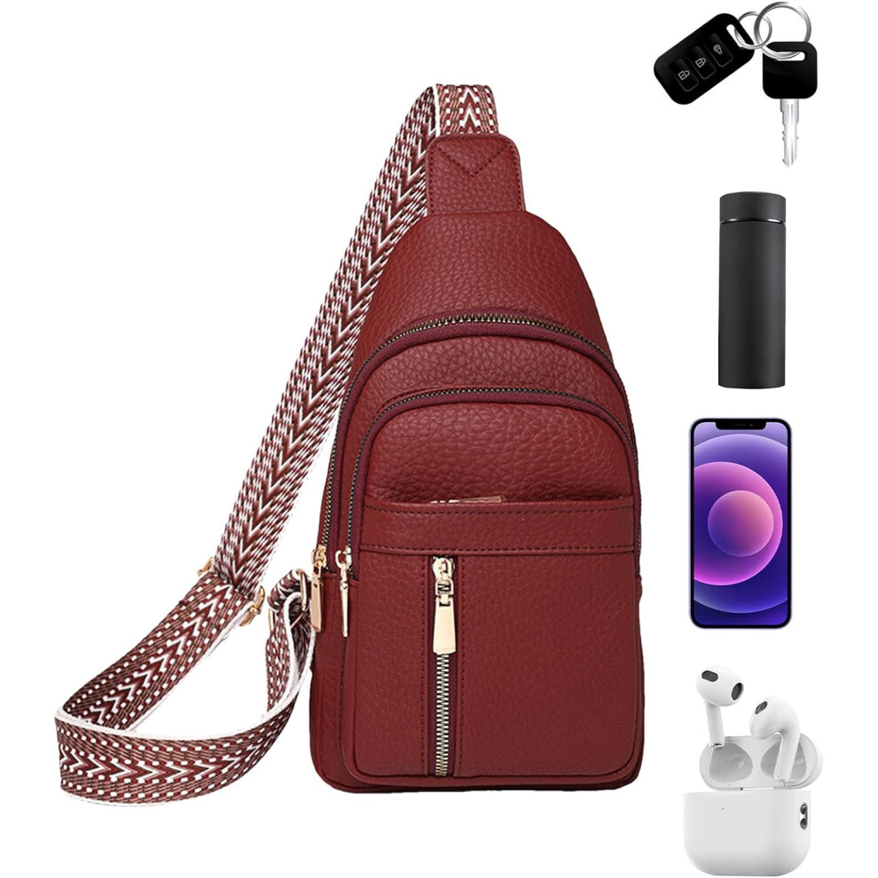 (Red) Womens Sling Bag - Portable PU Leather Sling Bag - Casual Small Shoulder Bag, Womens Chest Bag, Fanny Pack for Outdoor Gatherings