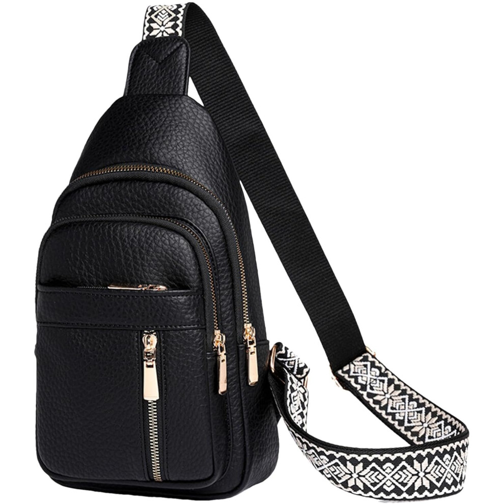 (Black) Womens Sling Bag - Portable PU Leather Sling Bag - Casual Small Shoulder Bag, Womens Chest Bag, Fanny Pack for Outdoor Gatherings