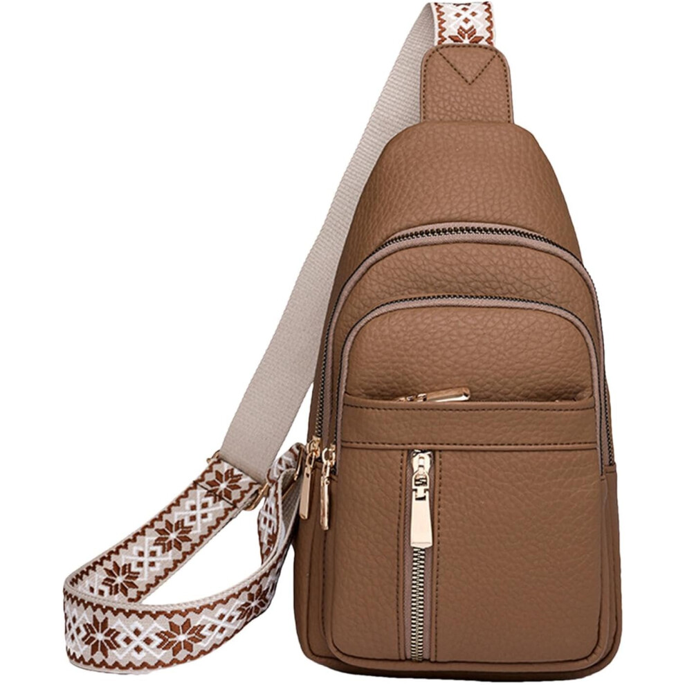 (Khaki) Womens Sling Bag - Portable PU Leather Sling Bag - Casual Small Shoulder Bag, Womens Chest Bag, Fanny Pack for Outdoor Gatherings