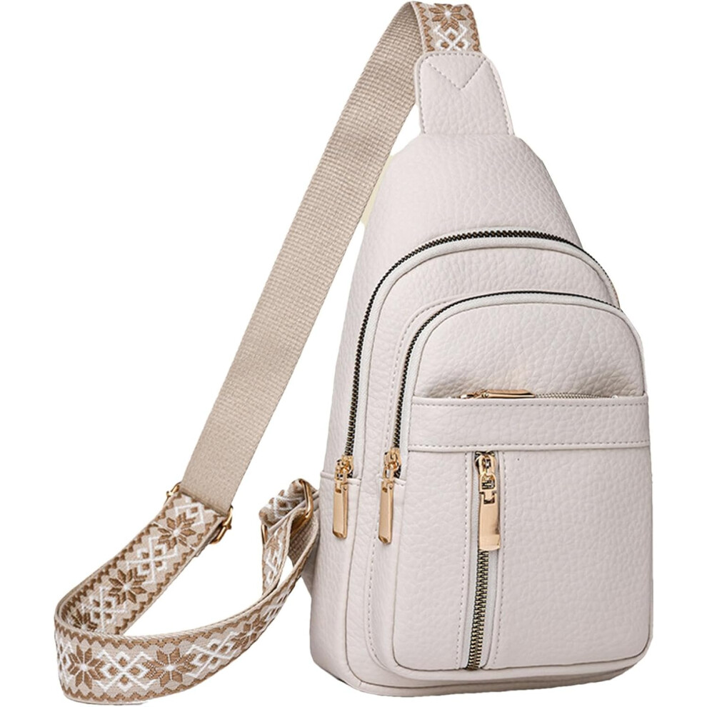 (White) Womens Sling Bag - Portable PU Leather Sling Bag - Casual Small Shoulder Bag, Womens Chest Bag, Fanny Pack for Outdoor Gatherings
