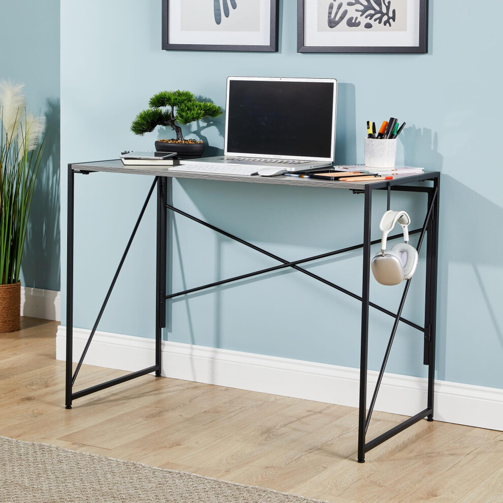 (Grey Oak Effect) Folding Compact Desk Computer Table Storage Hook
