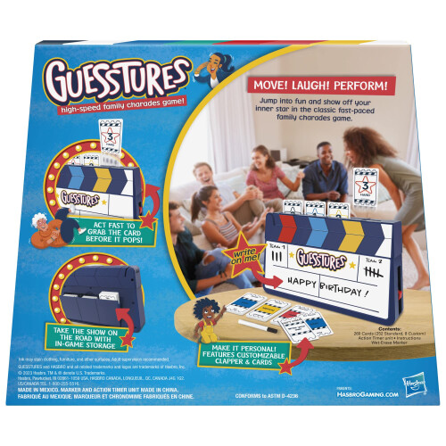 Hasbro Gioco Hasbro Guesstures, Gioco di Charades per 4 o più Giocatori, Include Carte Personalizzabili e Clapper 1