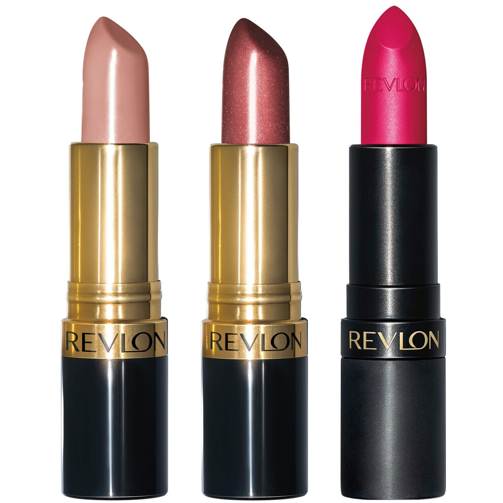 Revlon Super Lustrous 3-Piece Lipstick Gift Set  High Impact  Multi-Finish in Cream  Pearl & Matte  755 Bare It All (Cream)  610 Gold Pearl Plum (Pear