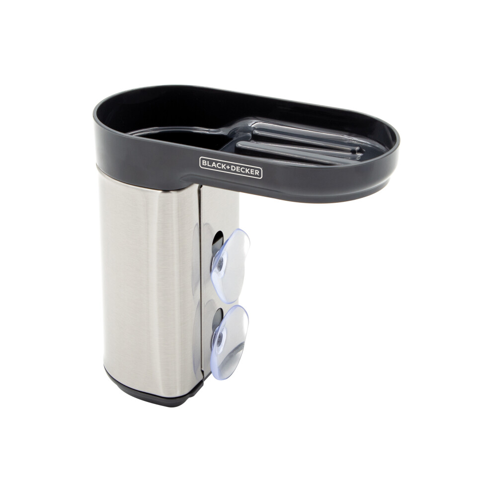 BLACK+DECKER Sink Caddy, In-Sink Design with 2 Suction Cups, Secure Ledge Tray with Storage Compartment, Stainless Steel Finish, 15 x 8 x 15.5cm