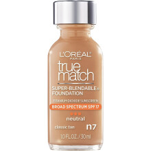L'Oreal Paris Makeup True Match Super-Blendable Liquid Foundation, Classic Tan N7, 1 Fl Oz,1 Count