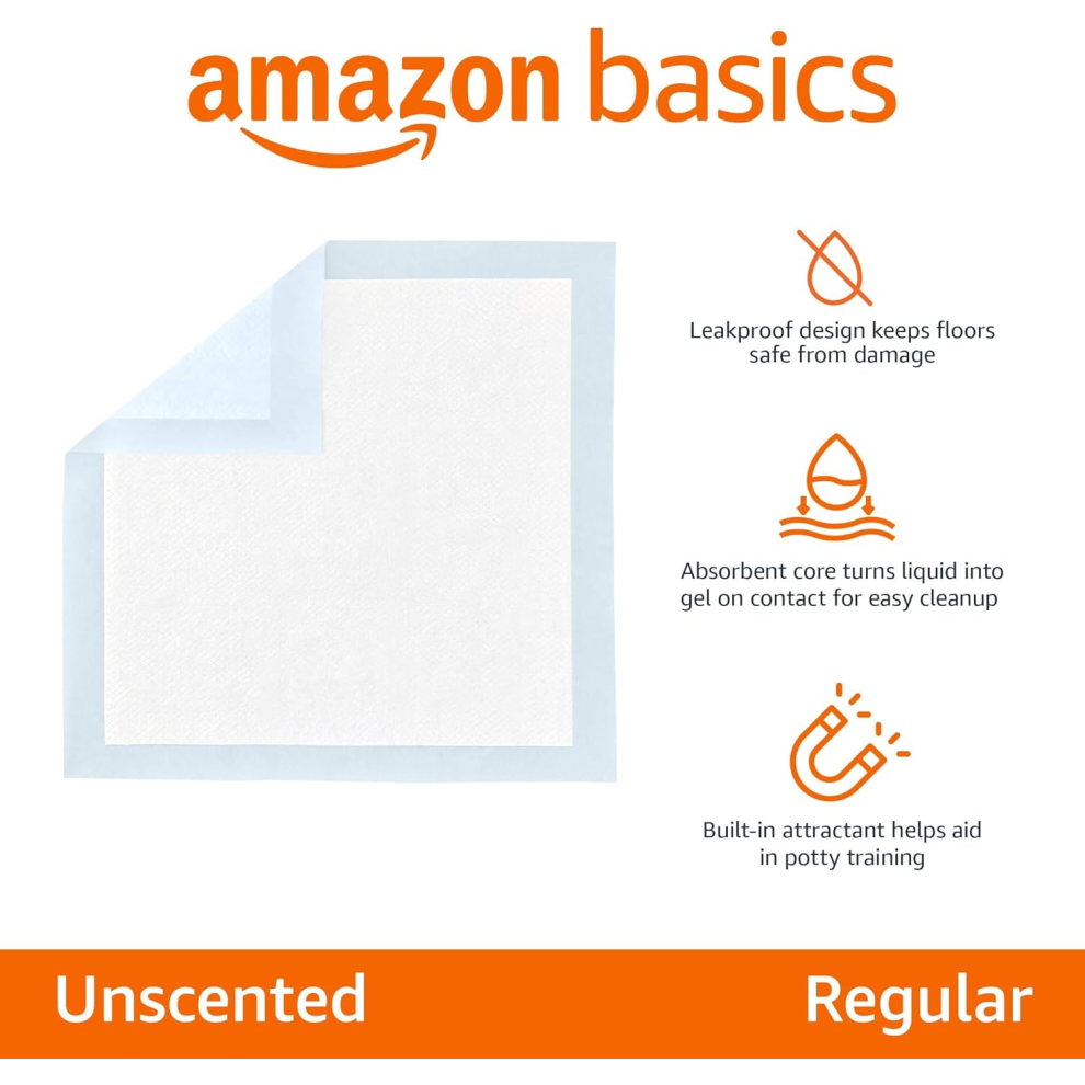 Amazon Basics Dog and Puppy Training Pads, Leakproof, 5-Layer Design with Quick-Dry Surface, Regular, Pack of 50, Blue